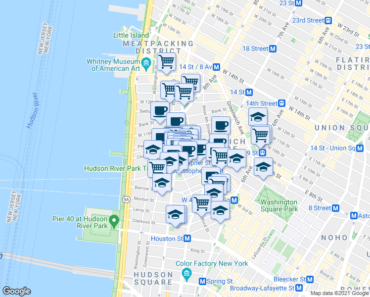 map of restaurants, bars, coffee shops, grocery stores, and more near in New York