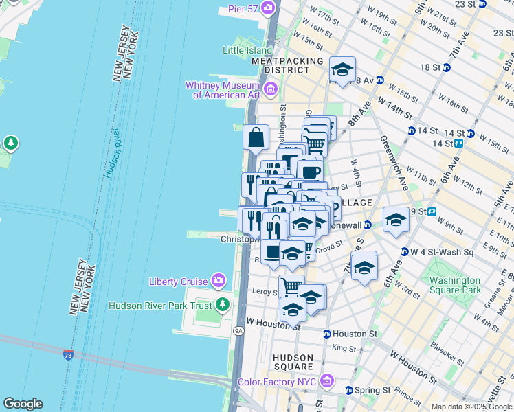 map of restaurants, bars, coffee shops, grocery stores, and more near 410 West Street in New York