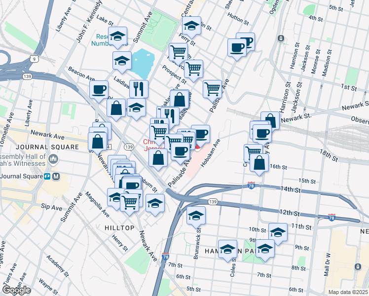 map of restaurants, bars, coffee shops, grocery stores, and more near 192 Palisade Avenue in Jersey City