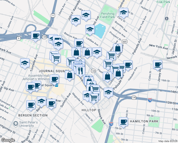 map of restaurants, bars, coffee shops, grocery stores, and more near 393 Hoboken Avenue in Jersey City