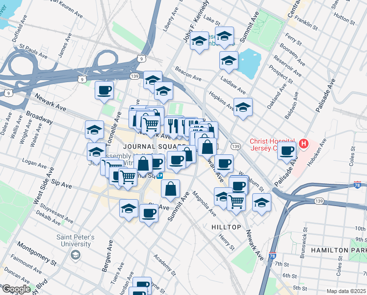 map of restaurants, bars, coffee shops, grocery stores, and more near 36 Van Reipen Avenue in Jersey City