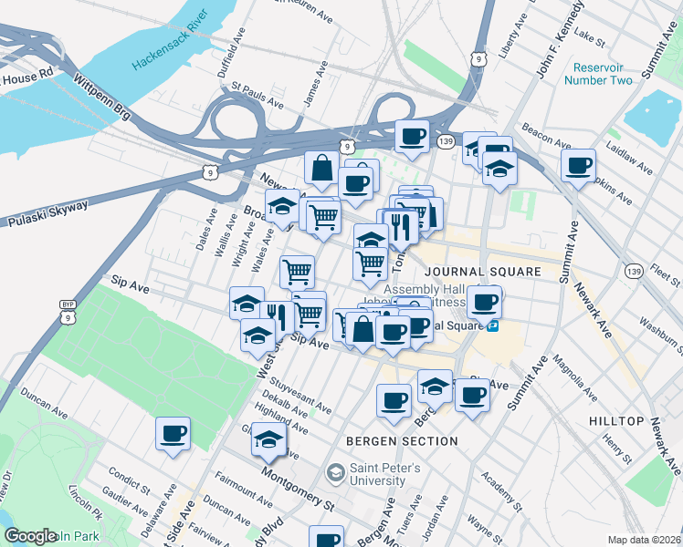 map of restaurants, bars, coffee shops, grocery stores, and more near 110 Corbin Avenue in Jersey City