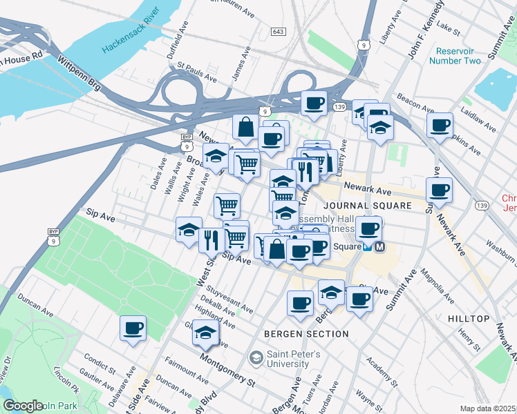 map of restaurants, bars, coffee shops, grocery stores, and more near 110 Corbin Avenue in Jersey City