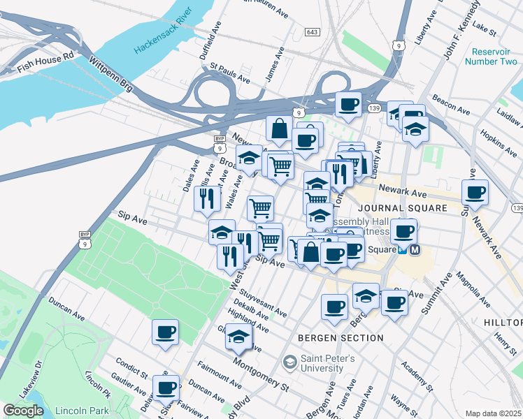 map of restaurants, bars, coffee shops, grocery stores, and more near 1015 County Road 641 in Jersey City