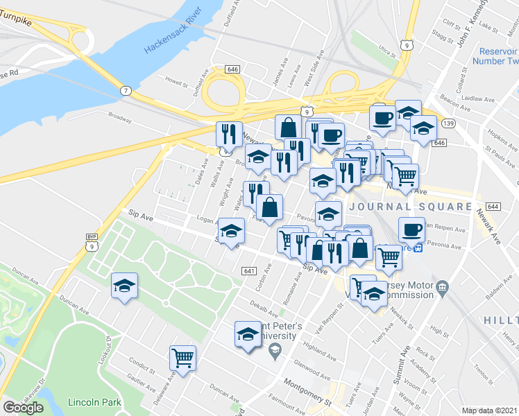 map of restaurants, bars, coffee shops, grocery stores, and more near 27 Fox Place in Jersey City