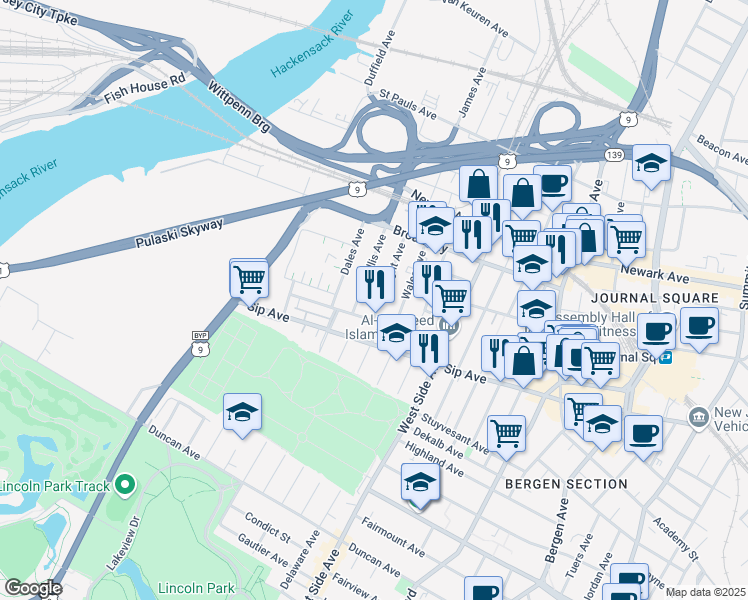 map of restaurants, bars, coffee shops, grocery stores, and more near 9 Wales Avenue in Jersey City