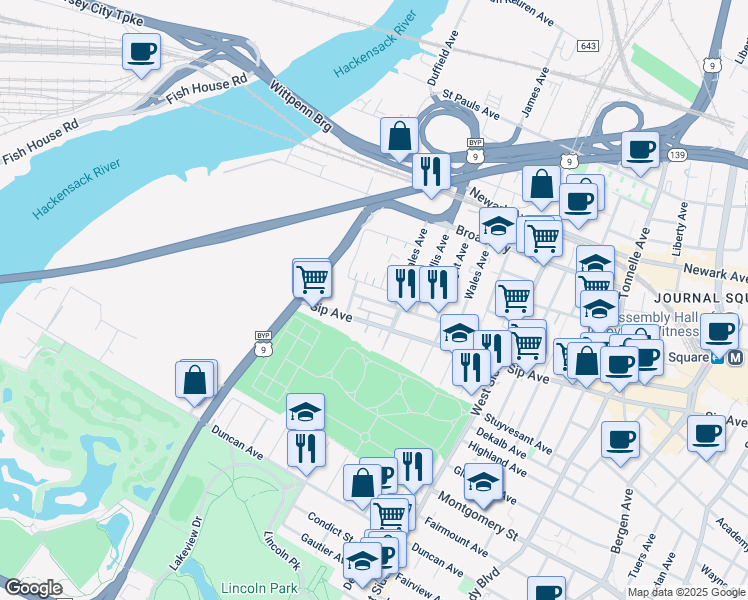 map of restaurants, bars, coffee shops, grocery stores, and more near 111 Logan Avenue in Jersey City