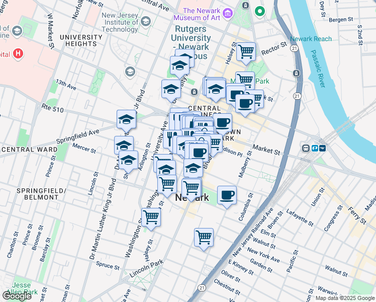 map of restaurants, bars, coffee shops, grocery stores, and more near in Newark
