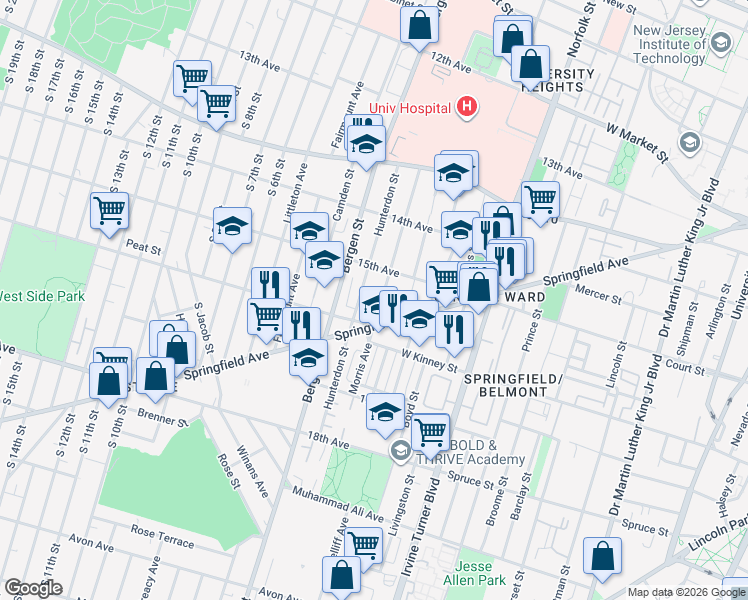map of restaurants, bars, coffee shops, grocery stores, and more near 326 Springfield Avenue in Newark