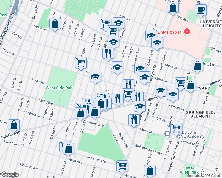 map of restaurants, bars, coffee shops, grocery stores, and more near 421 South 7th Street in Newark