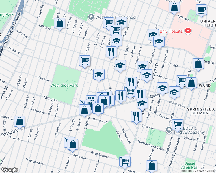 map of restaurants, bars, coffee shops, grocery stores, and more near 421 South 7th Street in Newark