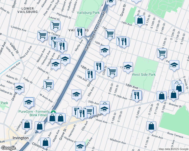 map of restaurants, bars, coffee shops, grocery stores, and more near 312 Ellis Avenue in Irvington
