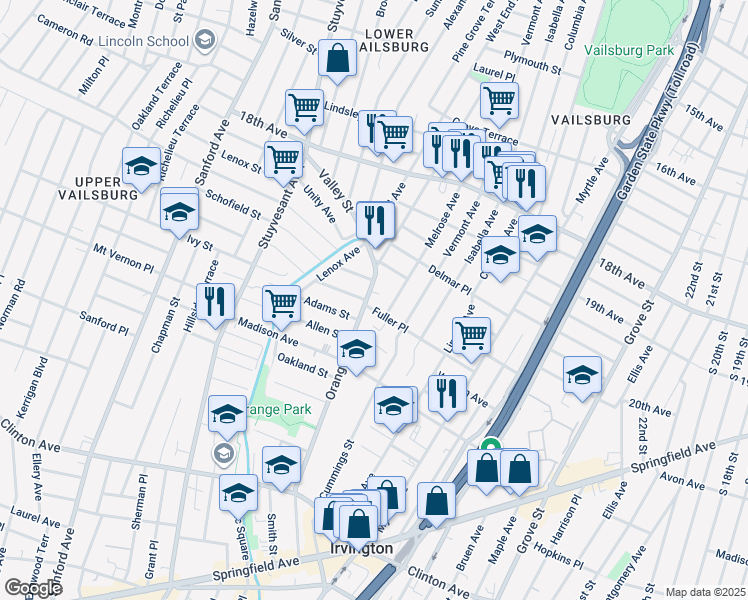 map of restaurants, bars, coffee shops, grocery stores, and more near 96 Fuller Place in Irvington