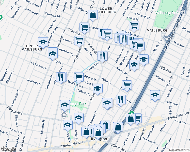 map of restaurants, bars, coffee shops, grocery stores, and more near 235 Orange Avenue in Irvington