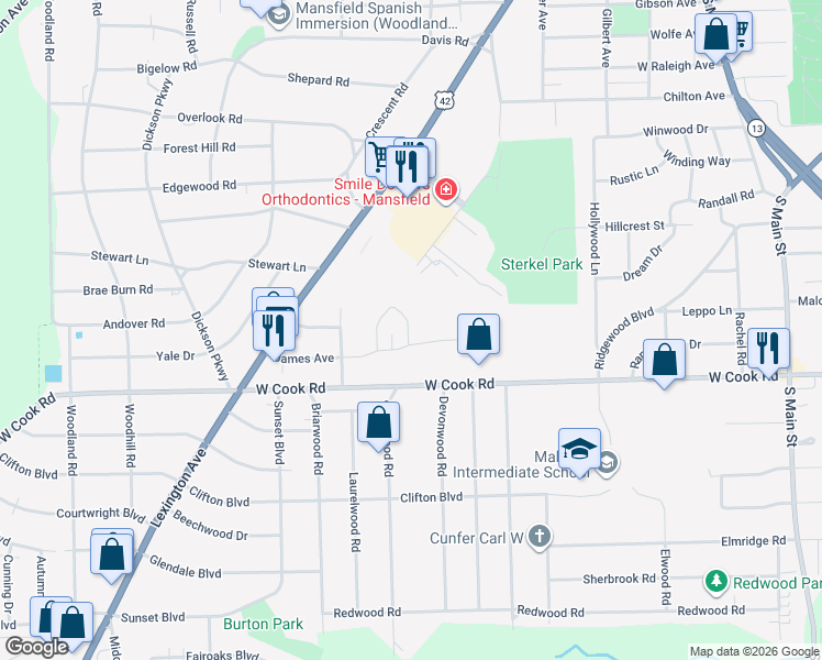 map of restaurants, bars, coffee shops, grocery stores, and more near 300 James Avenue in Mansfield