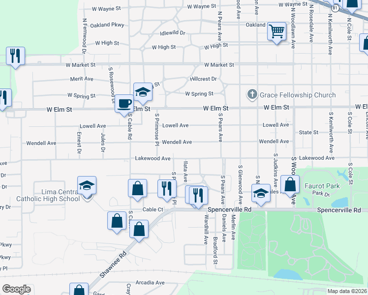 map of restaurants, bars, coffee shops, grocery stores, and more near 2364 Lakewood Avenue in Lima