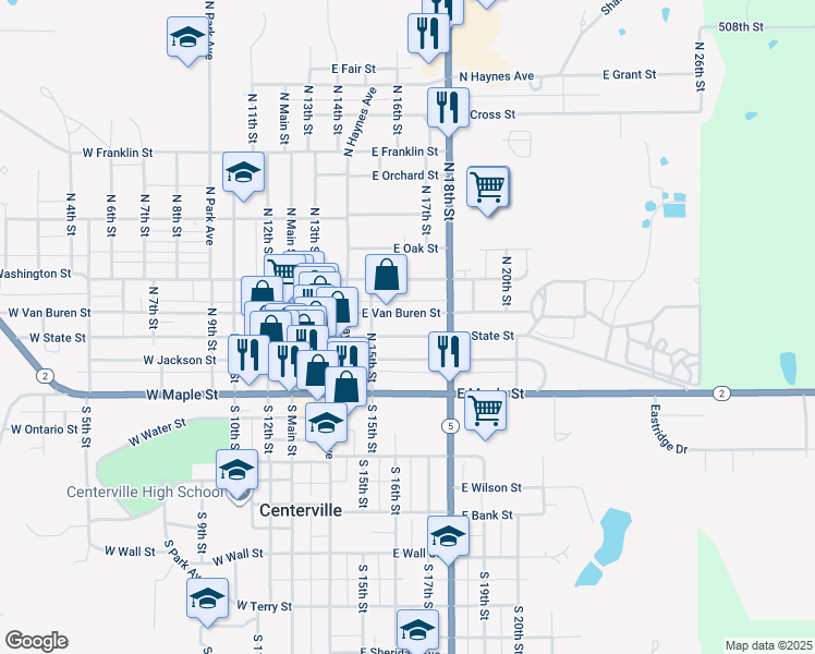 map of restaurants, bars, coffee shops, grocery stores, and more near 428 East State Street in Centerville