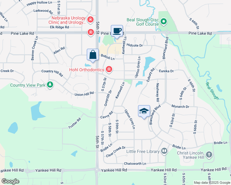 map of restaurants, bars, coffee shops, grocery stores, and more near 7609 Kentwell Lane in Lincoln