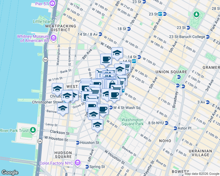 map of restaurants, bars, coffee shops, grocery stores, and more near 169 Waverly Place in New York