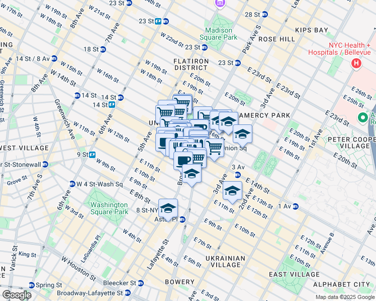 map of restaurants, bars, coffee shops, grocery stores, and more near 52 East 14th Street in New York