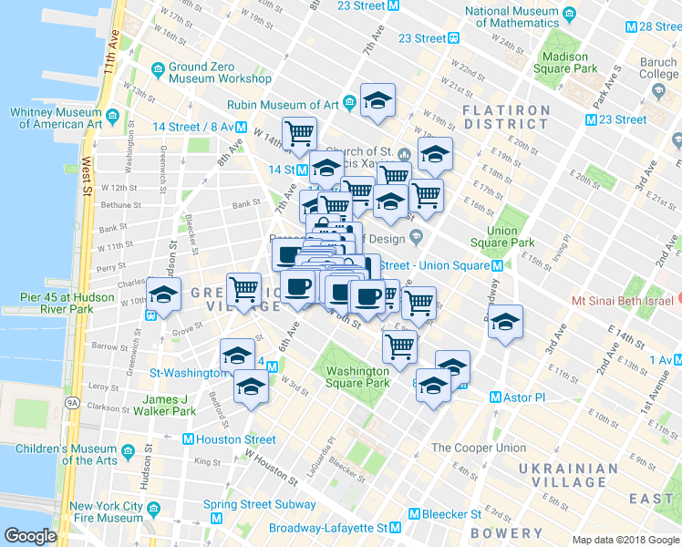 map of restaurants, bars, coffee shops, grocery stores, and more near 64 W 10th St in New York