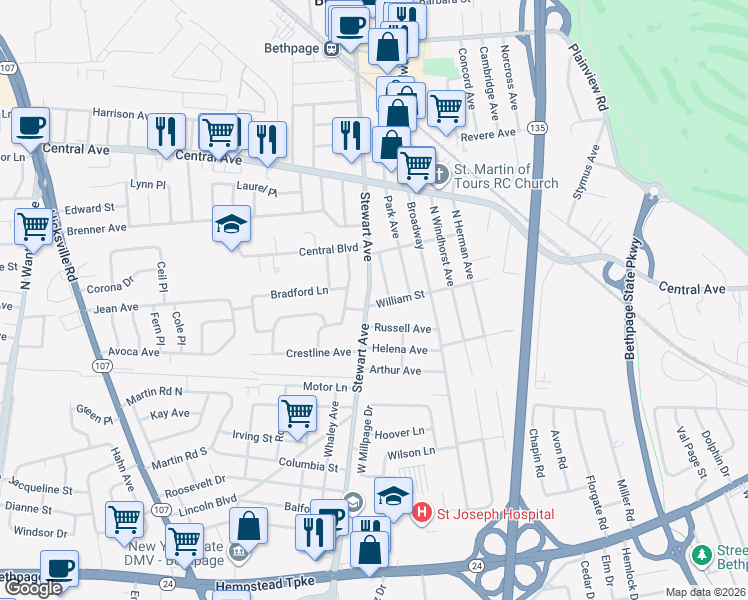 map of restaurants, bars, coffee shops, grocery stores, and more near 340 Stewart Avenue in Bethpage