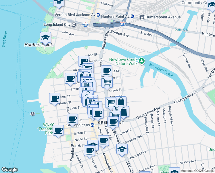 map of restaurants, bars, coffee shops, grocery stores, and more near 352 McGuinness Boulevard in Brooklyn