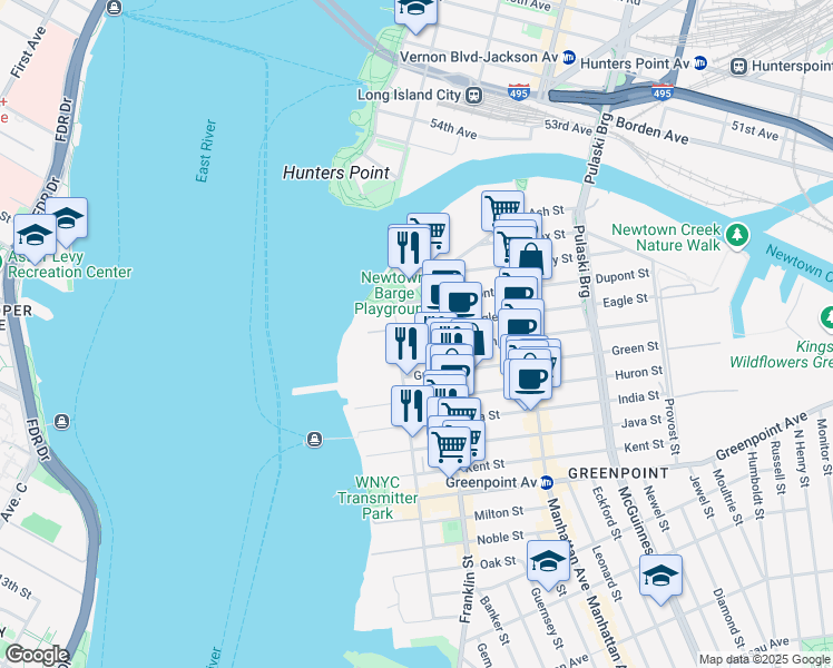 map of restaurants, bars, coffee shops, grocery stores, and more near 44 Eagle Street in Brooklyn