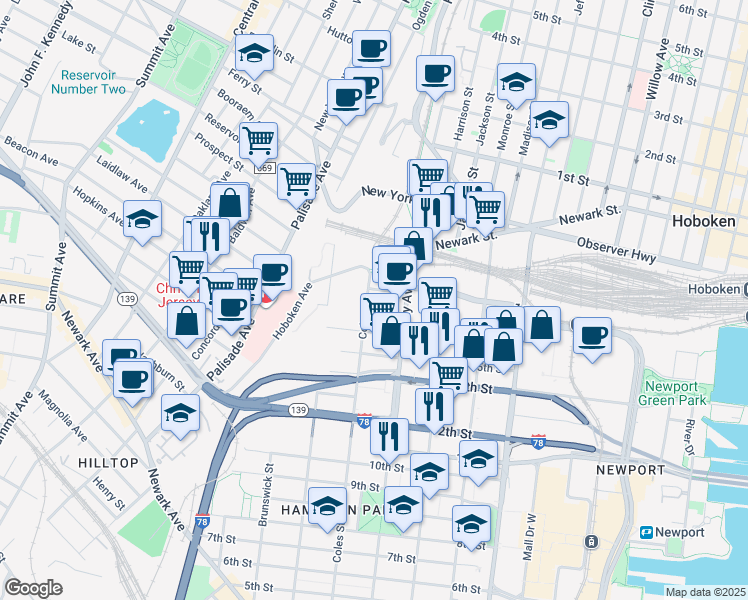 map of restaurants, bars, coffee shops, grocery stores, and more near 300 Coles Street in Jersey City