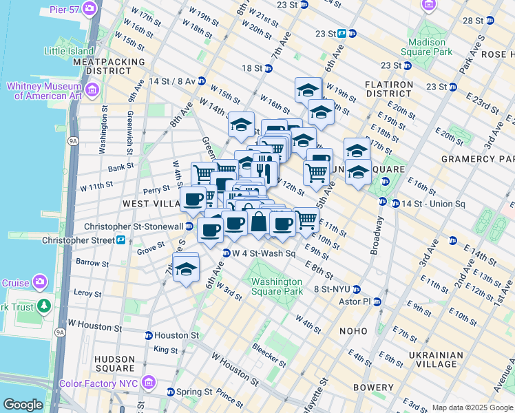 map of restaurants, bars, coffee shops, grocery stores, and more near 53 West 9th Street in New York