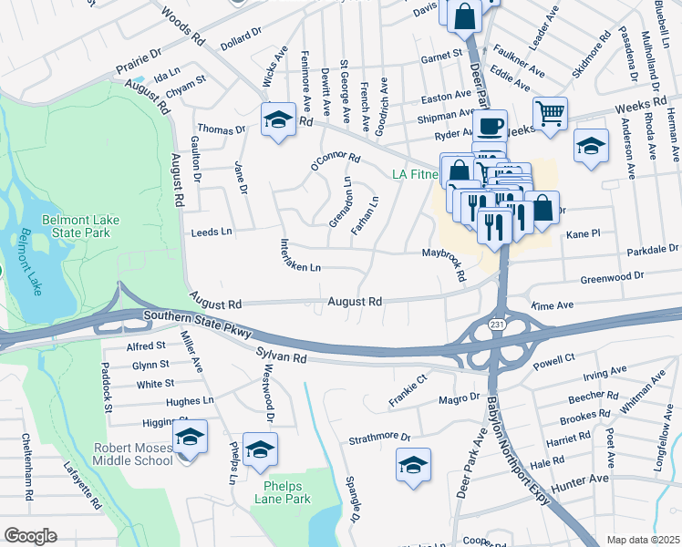 map of restaurants, bars, coffee shops, grocery stores, and more near 86 Elkton Lane in North Babylon