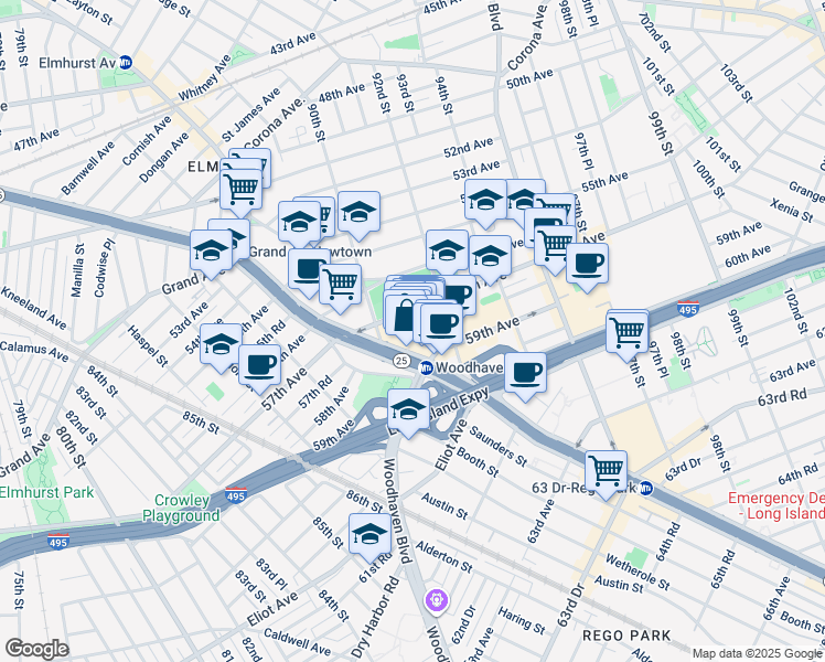 map of restaurants, bars, coffee shops, grocery stores, and more near 90-15 Queens Boulevard in Queens