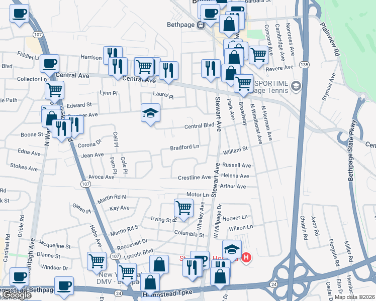 map of restaurants, bars, coffee shops, grocery stores, and more near 30 Acme Avenue in Bethpage