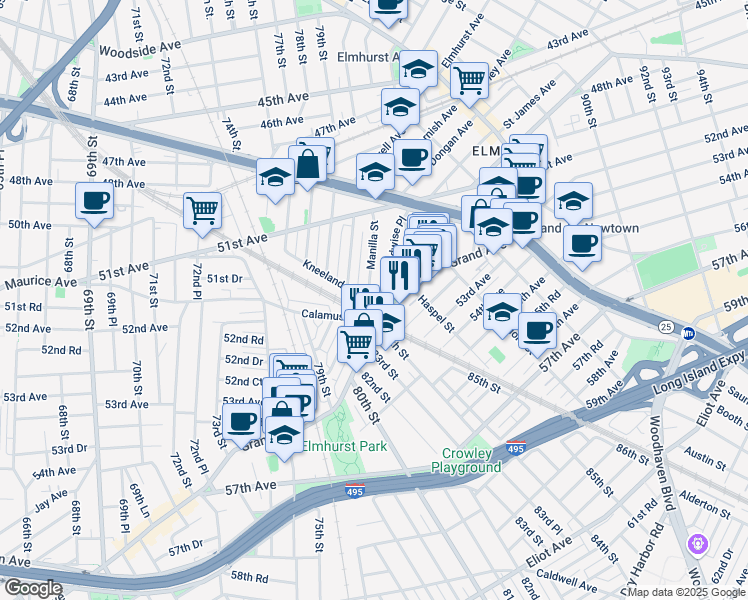 map of restaurants, bars, coffee shops, grocery stores, and more near 84-09 Grand Avenue in Queens