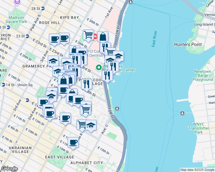 map of restaurants, bars, coffee shops, grocery stores, and more near 24-20 Fdr Drive Service Road East in New York