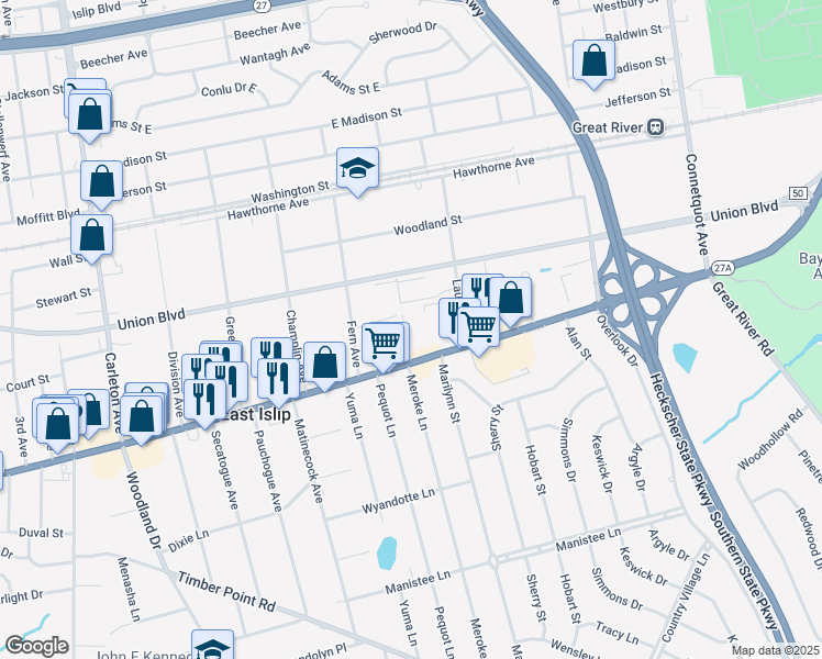 map of restaurants, bars, coffee shops, grocery stores, and more near 255 East Main Street in East Islip