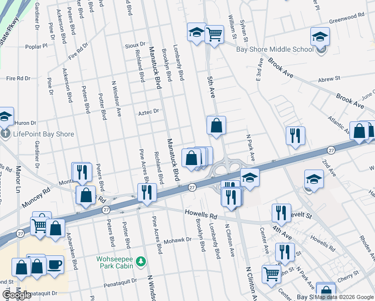 map of restaurants, bars, coffee shops, grocery stores, and more near 1322 Brooklyn Boulevard in Bay Shore