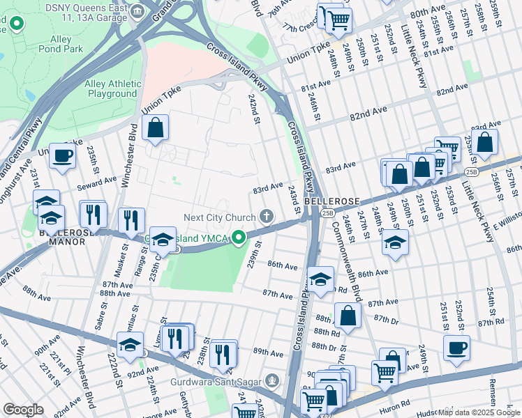 map of restaurants, bars, coffee shops, grocery stores, and more near 83-45 240th Street in Queens
