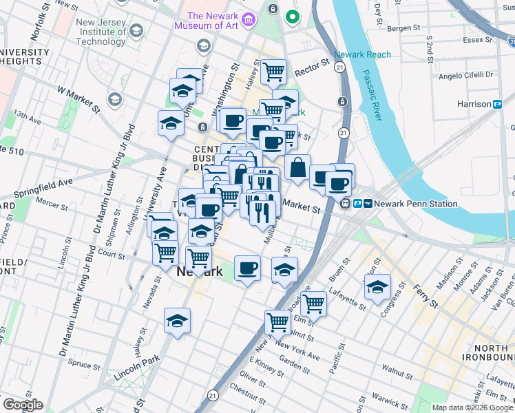 map of restaurants, bars, coffee shops, grocery stores, and more near 35 Edison Place in Newark