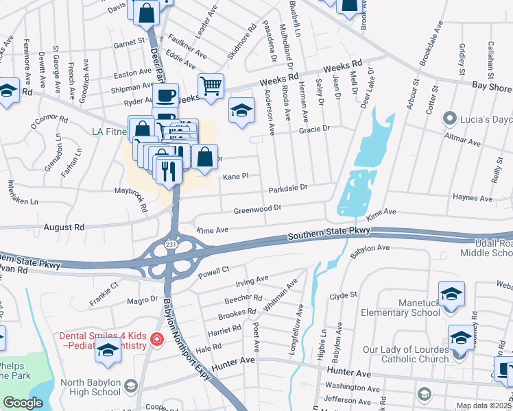 map of restaurants, bars, coffee shops, grocery stores, and more near 77 Greenwood Drive in North Babylon