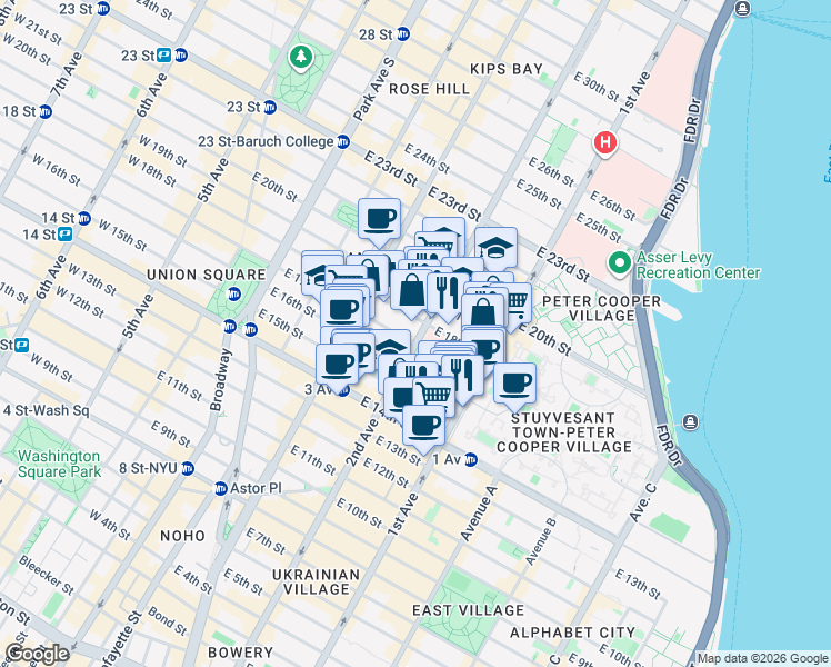 map of restaurants, bars, coffee shops, grocery stores, and more near 303 2nd Avenue in New York