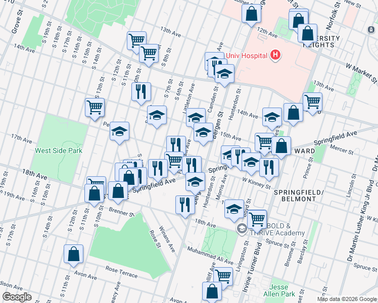 map of restaurants, bars, coffee shops, grocery stores, and more near 51 16th Avenue in Newark