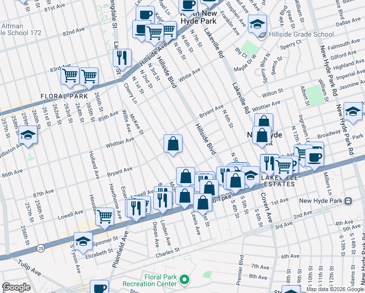 map of restaurants, bars, coffee shops, grocery stores, and more near 520 North 1st Street in New Hyde Park
