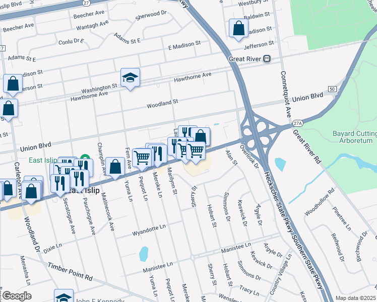 map of restaurants, bars, coffee shops, grocery stores, and more near 335 East Main Street in East Islip