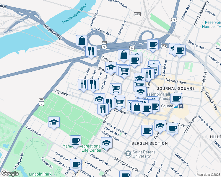 map of restaurants, bars, coffee shops, grocery stores, and more near 943 Pavonia Avenue in Jersey City