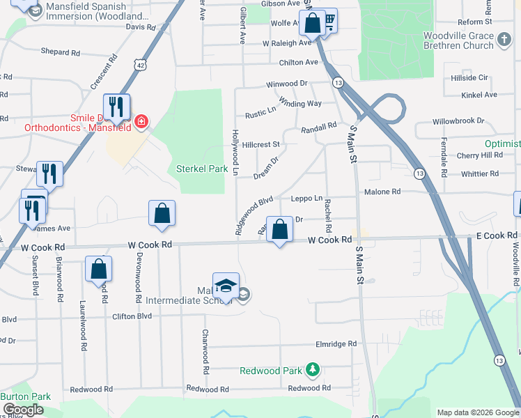 map of restaurants, bars, coffee shops, grocery stores, and more near 225 Ridgewood Boulevard in Mansfield