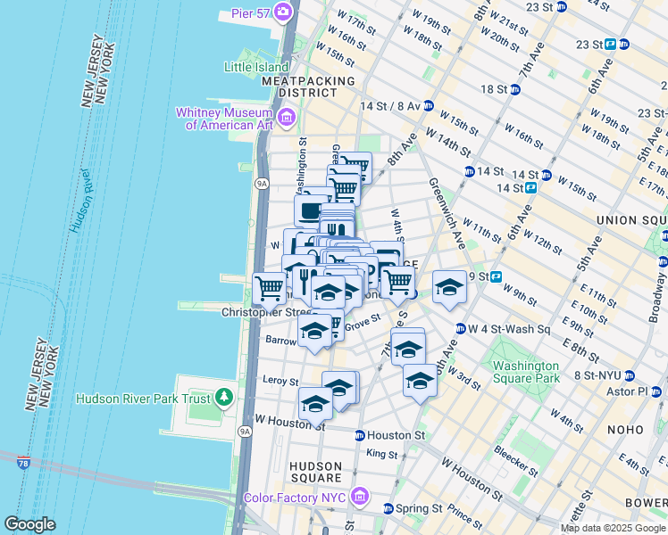 map of restaurants, bars, coffee shops, grocery stores, and more near 115 Charles Street in New York