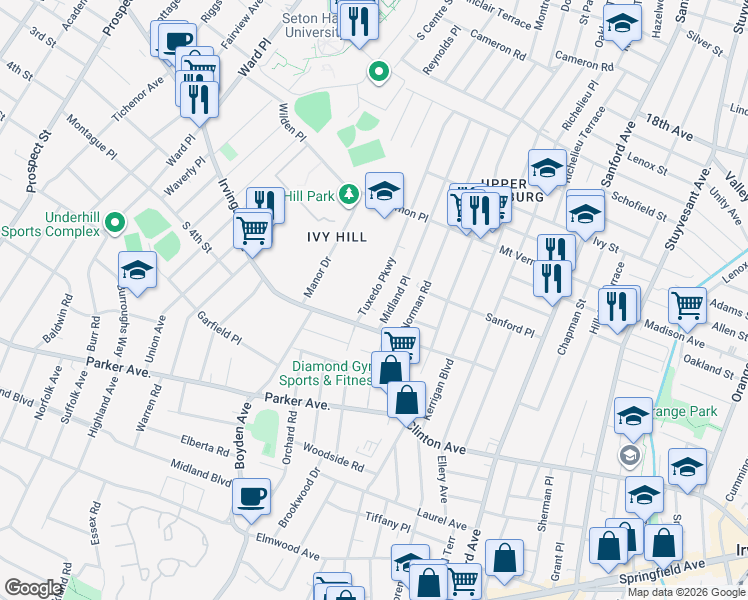 map of restaurants, bars, coffee shops, grocery stores, and more near 207 Midland Place in Newark