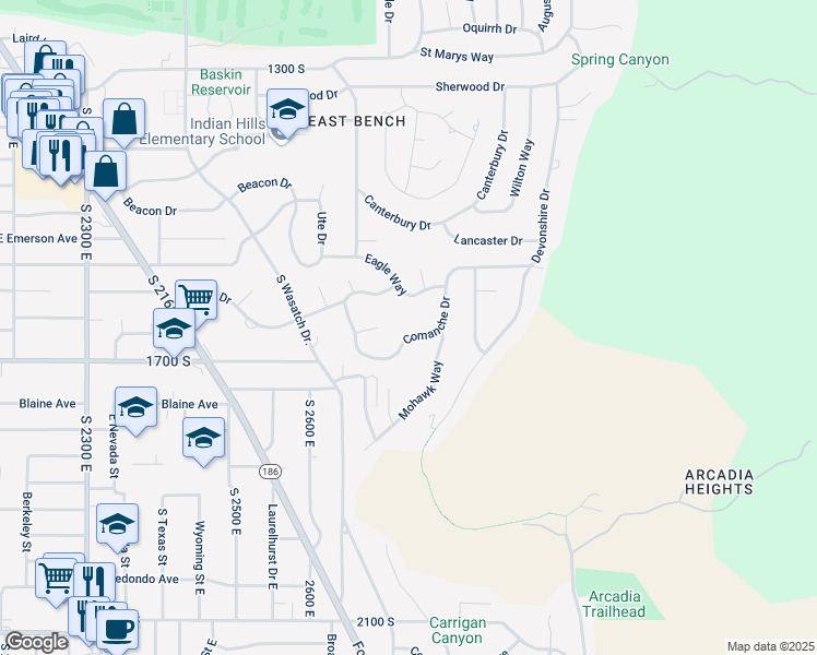 map of restaurants, bars, coffee shops, grocery stores, and more near 2731 East Comanche Drive in Salt Lake City