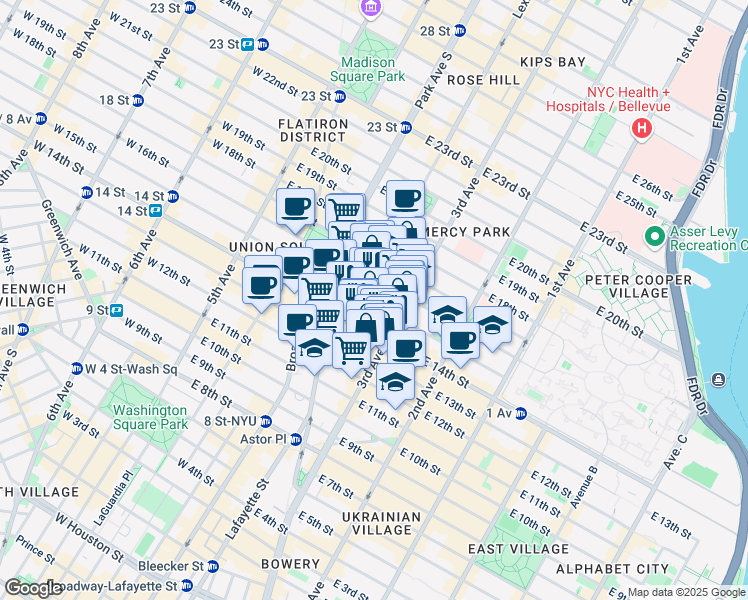 map of restaurants, bars, coffee shops, grocery stores, and more near 145 East 15th Street in New York